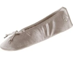 Isotoner Womens Satin Ballerina With Bow, Suede Sole Slipper, Sand Trap Soft Tie Bow, 6.5-7.5 US